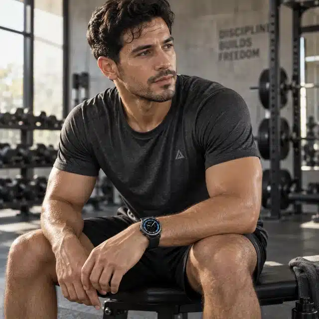 AI-generated illustration of a man wearing the Btalk 4 Pro smartwatch at the gym