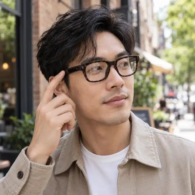 AI-generated illustration of a man wearing G600 Pro smart glasses on a city street