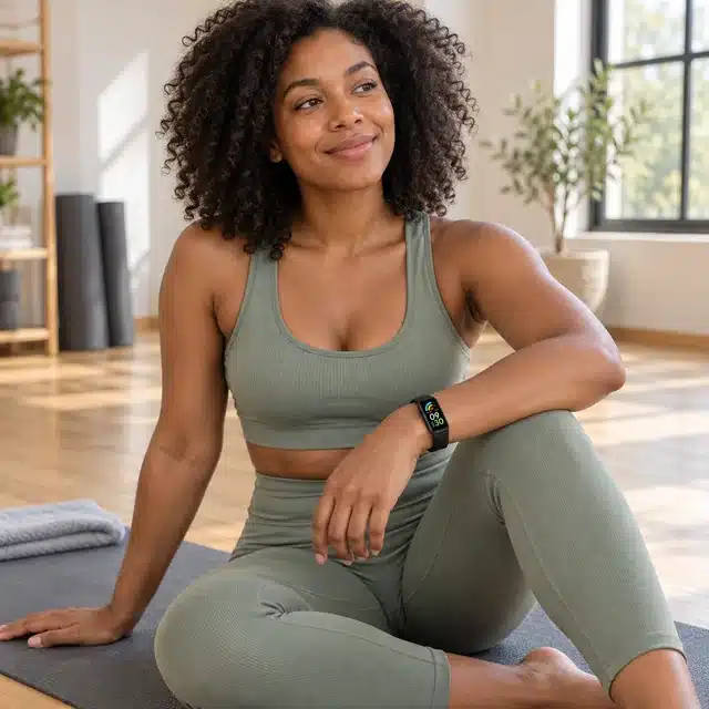 AI-generated illustration of a woman wearing the GL2 fitness band in a Pilates studio