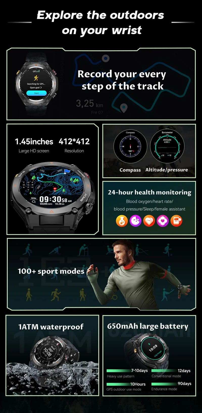 KC82 GPS Smart Watch - Outdoor features at a glance