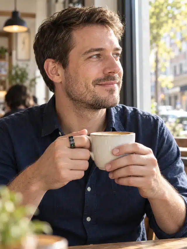AI-generated illustration of a man wearing the R11 smart ring at a cafe