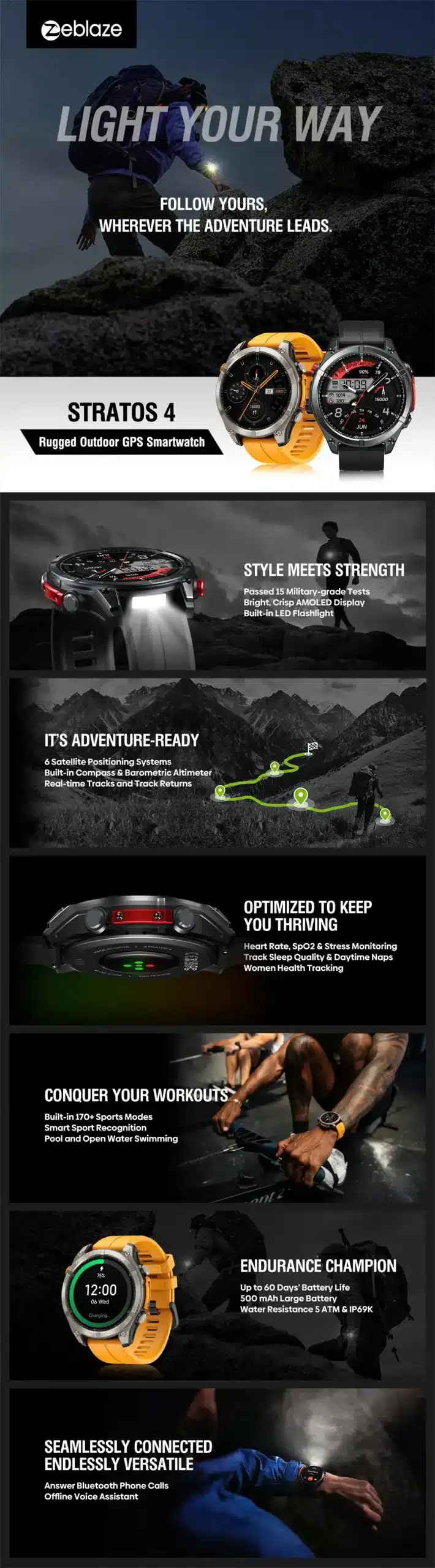 Stratos 4 GPS Smart Watch feature overview and built-in flashlight