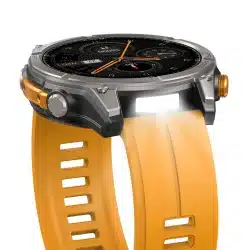 Orange Stratos 4 watch with LED flashlight illuminated