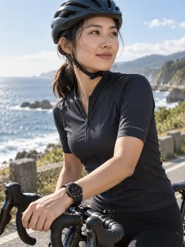 AI-generated illustration of a cyclist wearing the Stratos 2 smartwatch