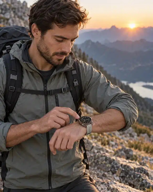 AI-generated illustration of a hiker wearing the Stratos 4 Pro smartwatch