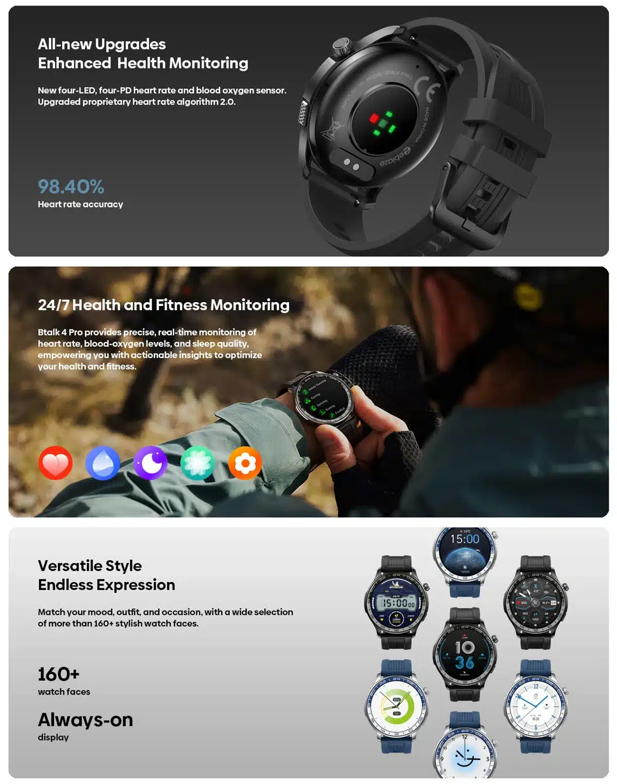 Btalk 4 Pro wellness tracking and watch face choices