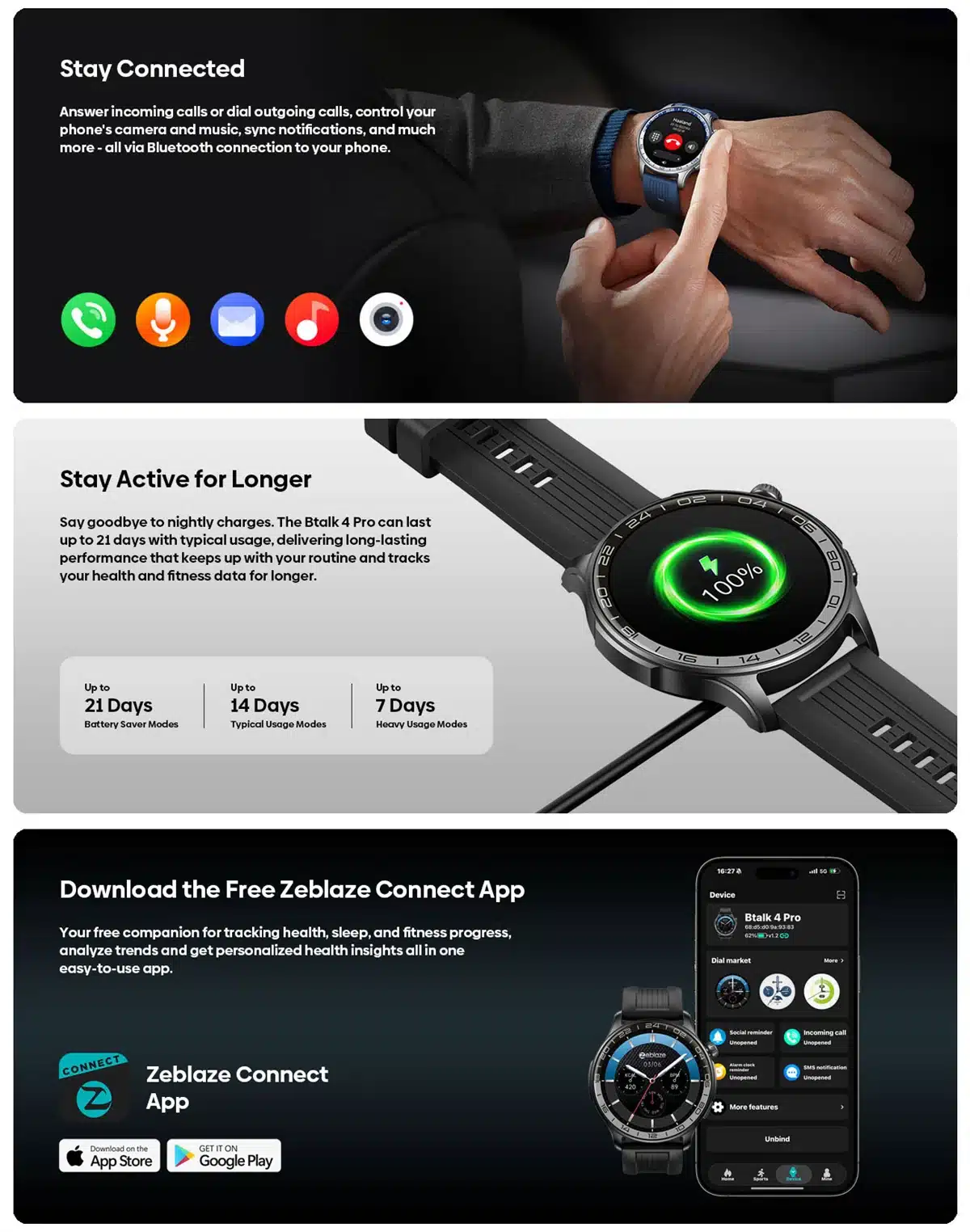 Btalk 4 Pro Bluetooth calls, battery modes and Zeblaze Connect app