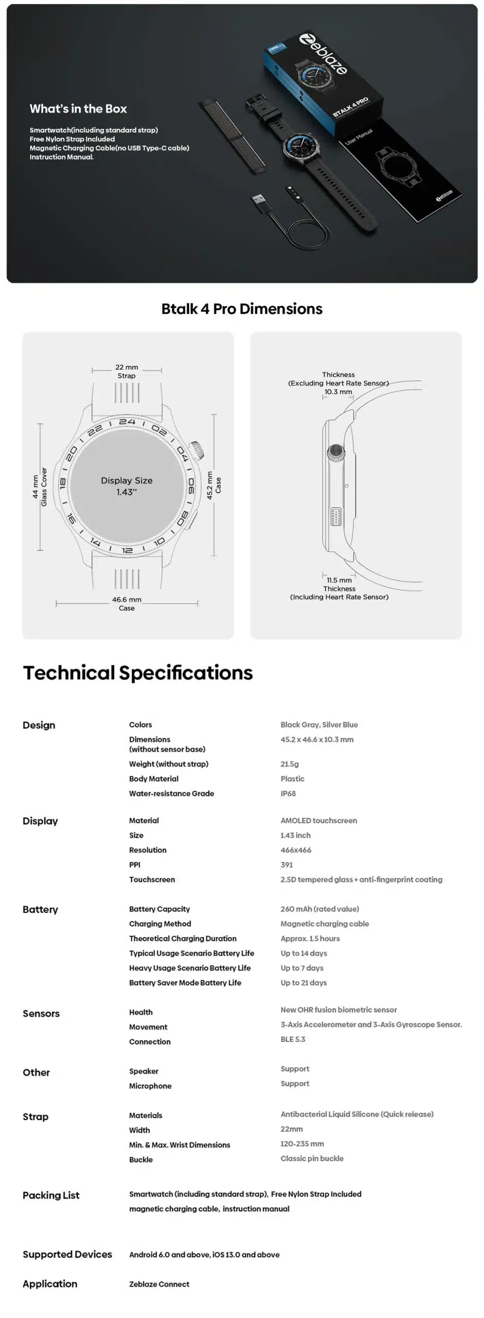 Btalk 4 Pro package contents, dimensions and technical specifications