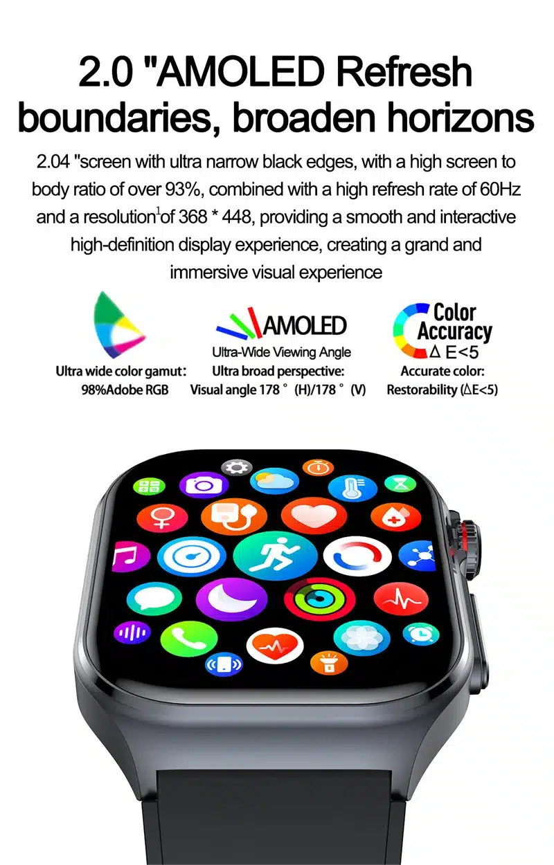 ET585 smart watch AMOLED interface and app companion