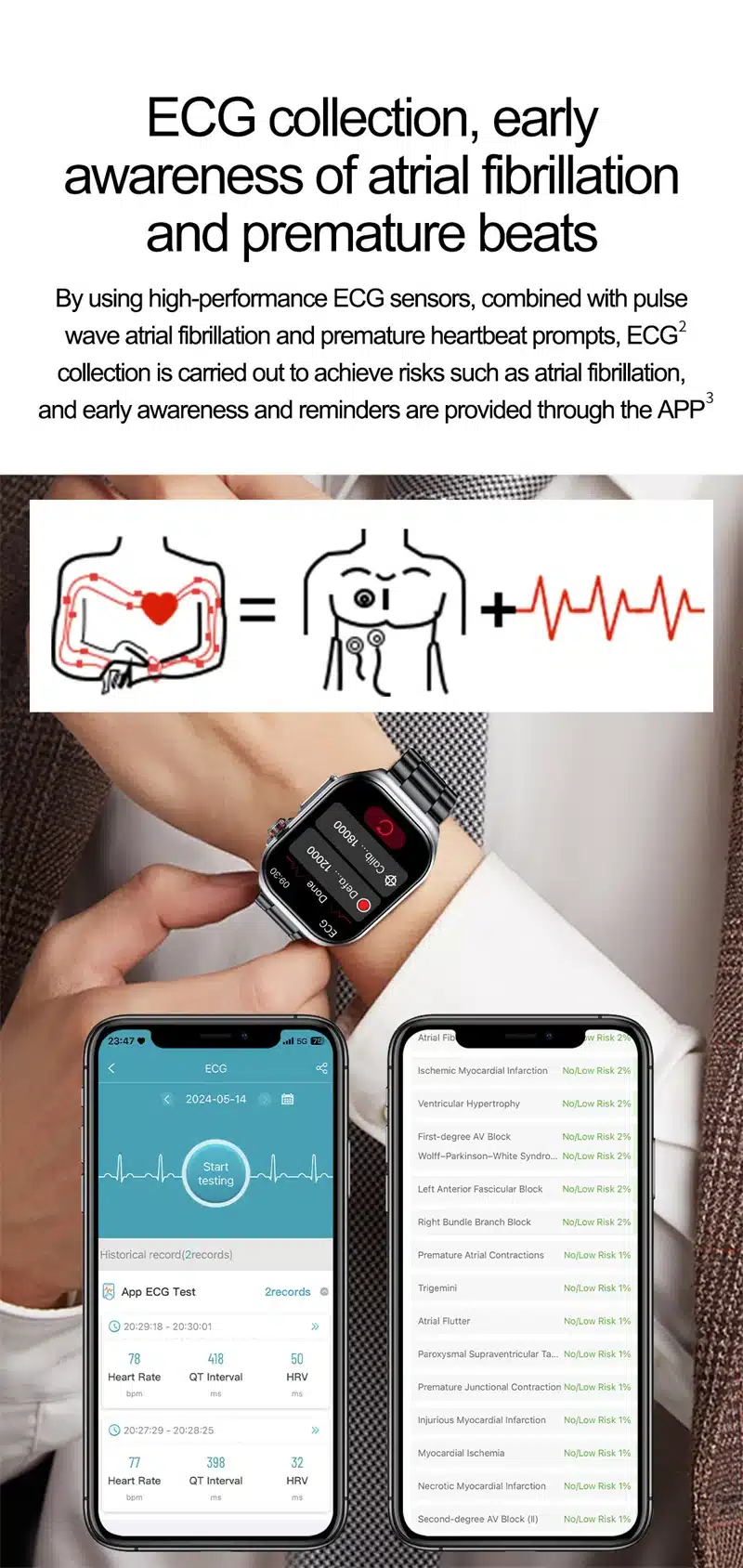 ET585 smart watch paired wellness information display