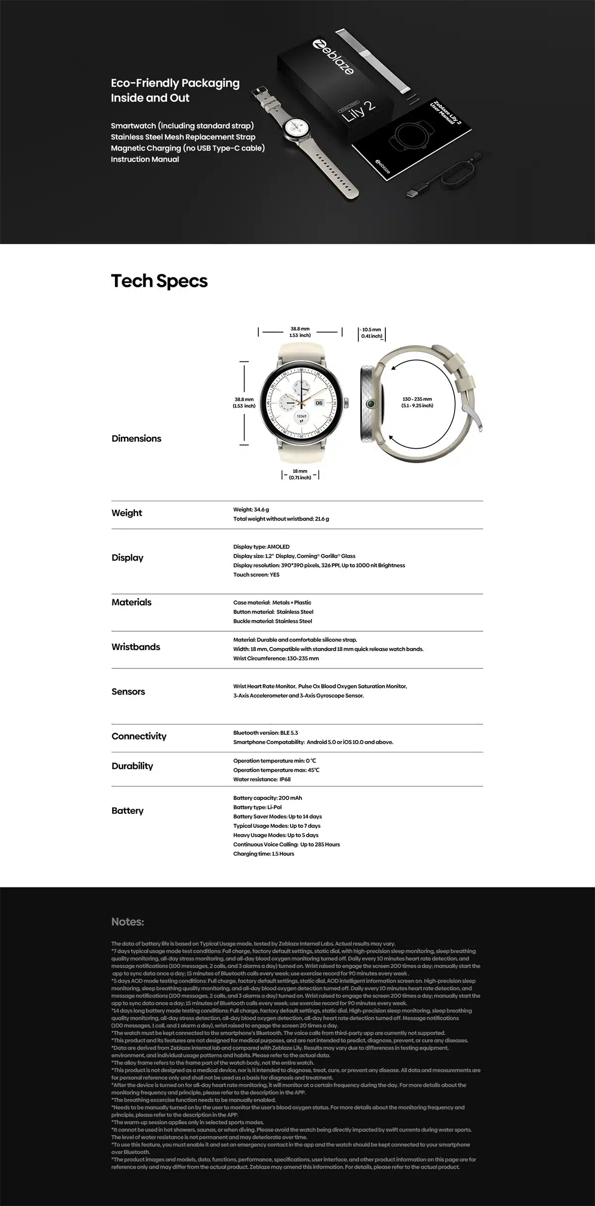 Lily 2 smart watch package and charging details