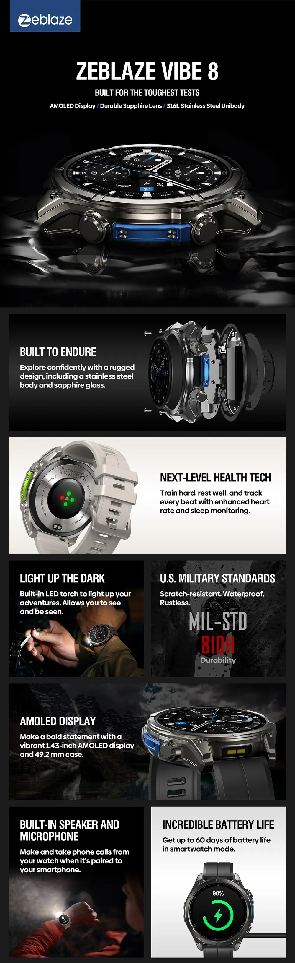 Vibe 8 rugged smart watch features and battery overview