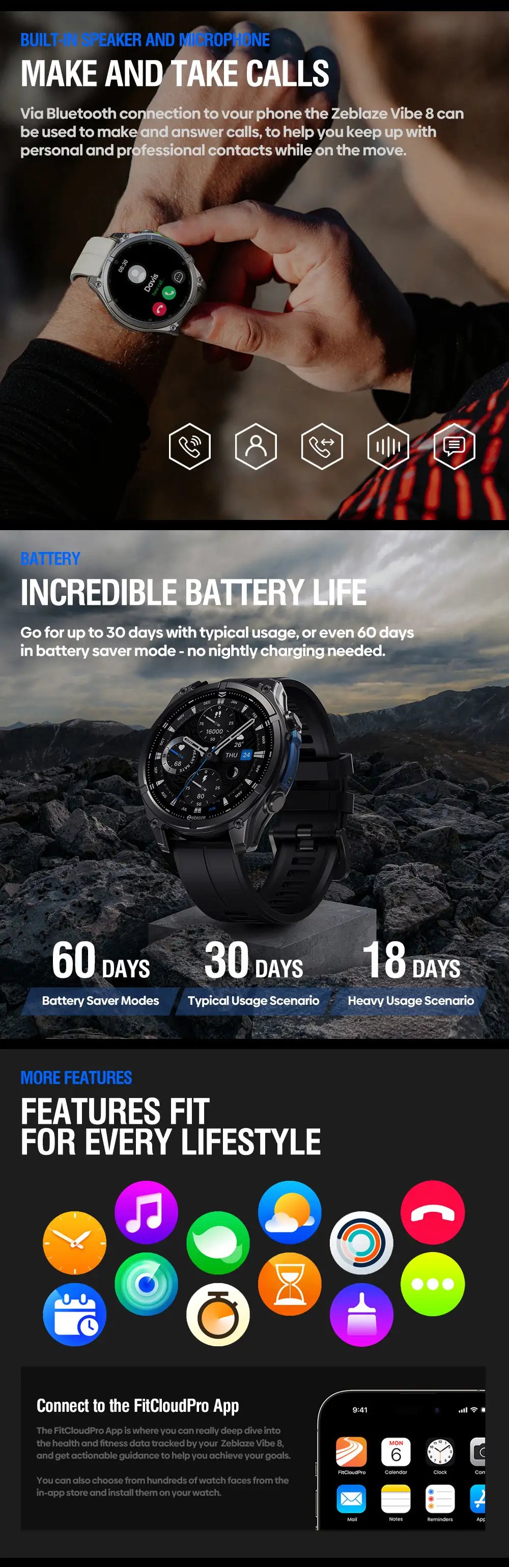 Vibe 8 rugged smart watch Bluetooth calling and sports modes