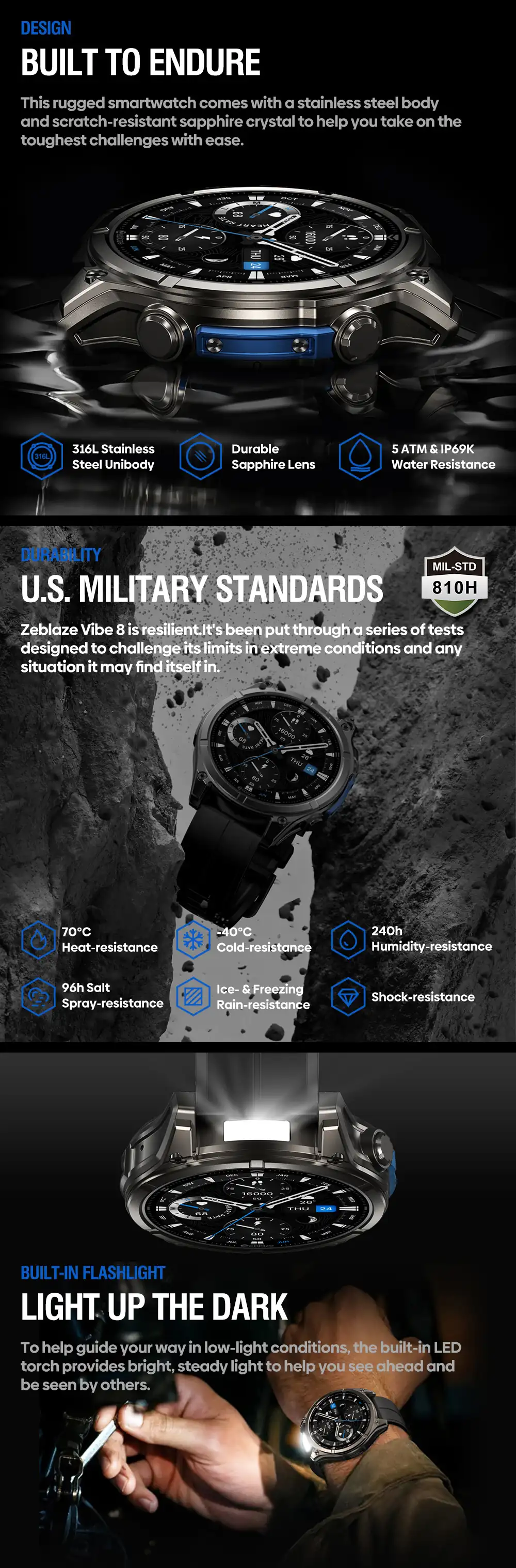 Vibe 8 rugged smart watch sapphire lens and stainless-steel design