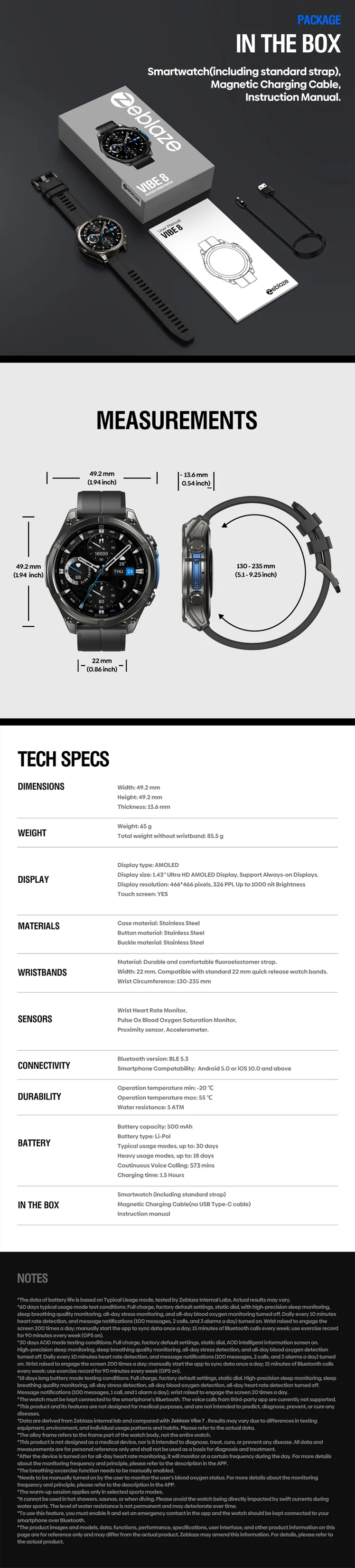 Vibe 8 rugged smart watch technical specifications