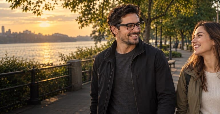 Person wearing open-ear audio smart glasses on a waterfront walk