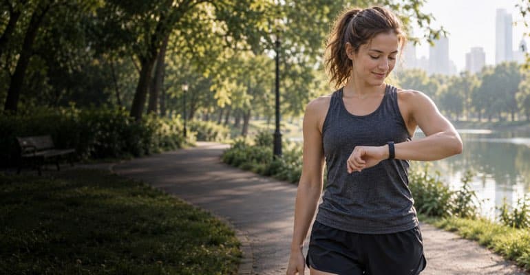 Casual runner checking a slim fitness smart wristband in a park