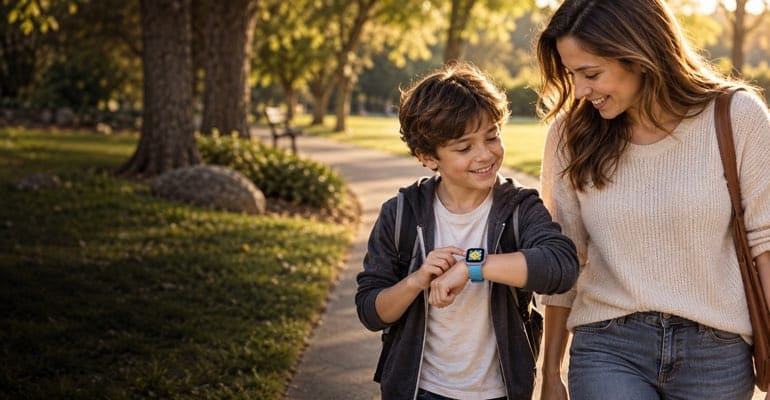 Child wearing a colorful smartwatch during a relaxed park walk with a parent